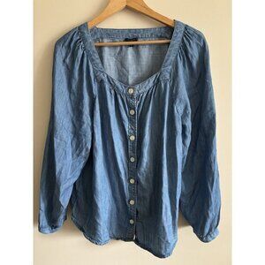 Talbots Blue Chambray Square Neck Button Up Top Blouse Shirt 2X Peasant Boho